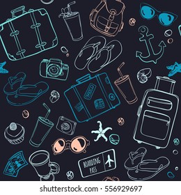 Seamless pattern with hand drawn journey items. Colorful suitcases, sunglasses, beverages, flip flops, cameras, seashells and other travel elements on black background.