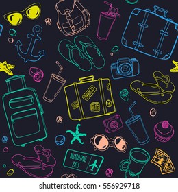 Seamless pattern with hand drawn journey items. Colorful suitcases, sunglasses, beverages, flip flops, cameras, seashells and other travel elements on black background.