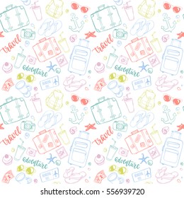 Seamless pattern with hand drawn journey items. Colorful suitcases, sunglasses, beverages, flip flops, cameras, seashells and other travel elements on white background.