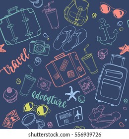 Seamless pattern with hand drawn journey items. Colorful suitcases, sunglasses, beverages, flip flops, cameras, seashells and other travel elements on dark blue background.