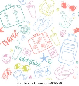 Seamless pattern with hand drawn journey items. Colorful suitcases, sunglasses, beverages, flip flops, cameras, seashells and other travel elements on white background.