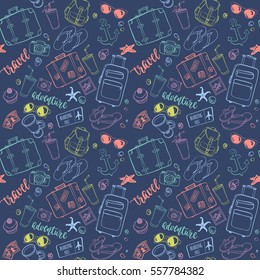 Seamless pattern with hand drawn journey items. Colorful suitcases, sunglasses, beverages, flip flops, cameras, seashells and other travel elements on dark blue background.