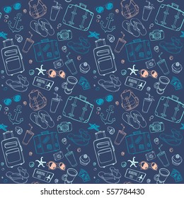 Seamless pattern with hand drawn journey items. Colorful suitcases, sunglasses, beverages, flip flops, cameras, seashells and other travel elements on dark blue background.