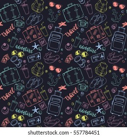 Seamless pattern with hand drawn journey items. Colorful suitcases, sunglasses, beverages, flip flops, cameras, seashells and other travel elements on black background.