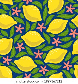 Seamless pattern with hand drawn juicy lemons, leaves and flowers. Vector illustration.