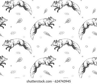 seamless pattern with hand drawn jumping hunting fox. forest and vintage theme