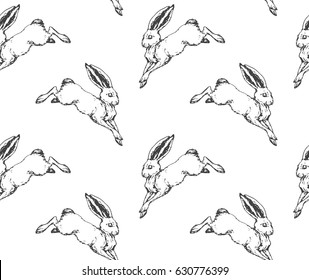 seamless pattern with hand drawn jumping hunting hare. forest and vintage theme