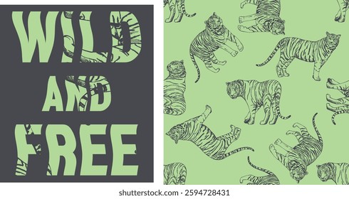 Seamless pattern, Hand drawn, jungle, tiger, green background, cheetah, wild and free, endless, all over print to use textile, fabric, clothing, backdrop, wallpaper, home textile, clothing