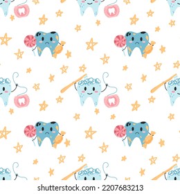 Seamless pattern with hand drawn kawaii teeth characters in cartoon flat style. Vector illustration of cartoon children background for wrapping paper, fabric print, cover, card and web design.