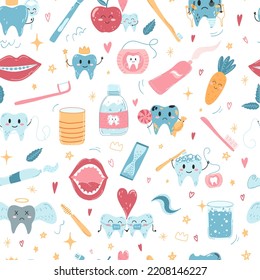 Seamless pattern with hand drawn kawaii teeth characters and oral care products in cartoon flat style. Vector illustration of cartoon children background for wrapping paper, fabric print, cover