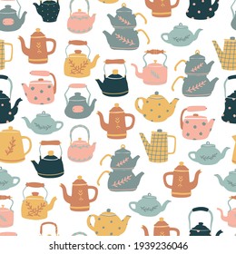 seamless pattern with hand drawn kettles for kitchen textile prints, wrapping paper, scrapbooking, backgrounds, wallpaper, etc. Kitchen, cafe, restaurant decor. EPS 10