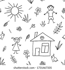 Seamless pattern with hand drawn kids summer objects from a child's life. Doodle style. Vector background