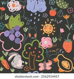 Seamless pattern with hand drawn kids illustration. Cute hand drawn fruits, plants, clouds and sun. Vector illustration.