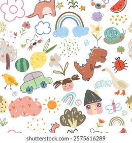 Seamless pattern with hand drawn kids nature , animals. Cartoon flowers, dino, rainbows, clouds, sun, snails, fruits. Vector illustration.