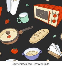 Seamless pattern with hand drawn kitchen tools, supplies and food. Microwave, frying pan, mug, bread. Vector illustration