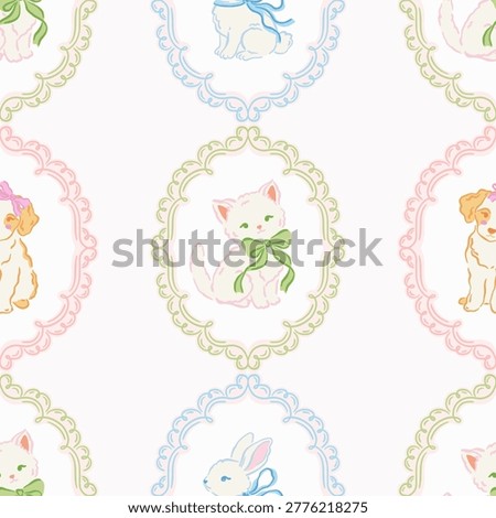 Seamless pattern of hand drawn kitten, bunny and puppy with bows. Cute baby animals in ornate frames. Whimsical, vintage design is perfect for nursery wallpaper, baby clothing, gift wrapping.