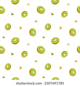 Seamless Pattern with Hand Drawn Kiwi Fruit and Heart Design on White Background