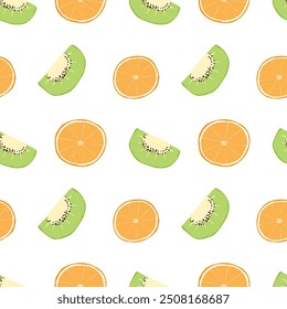 Seamless Pattern with Hand Drawn Kiwi Fruit and Orange Design on White Background