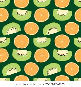 Padrão sem emenda de Kiwi desenhado à mão e projeto de fruta laranja no fundo verde escuro