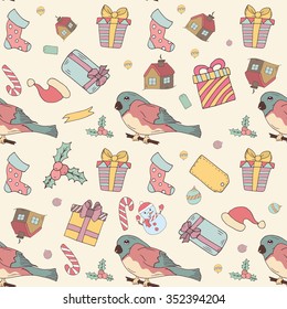 Seamless pattern of Hand drawn knitted winter symbols and accessories. Doodle holiday background and place for your text. Christmas wreath with bullfinch and gifts