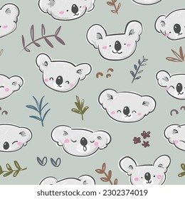 Seamless Pattern with Hand Drawn Koala Bear Face and Leaf Design on Grey Background