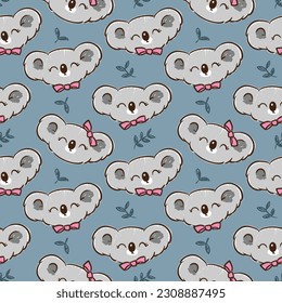 Patrón sin manchas con diseño de cara y hoja de Koala dibujado a mano en fondo azul oscuro