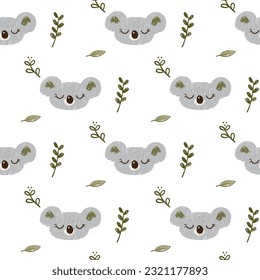Seamless Pattern with Hand Drawn Koala Bear Face and Leaf Design on White Background