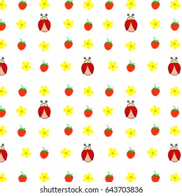 Seamless pattern hand drawn ladybird, yellow daisies chamomiles strawberries, kids fabric, quilting, tapestry, wrapping paper design