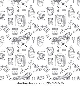 Seamless pattern with hand drawn laundry icons. Collection of sketched objects.  Home laundry service. Accessories for washing and drying clothes