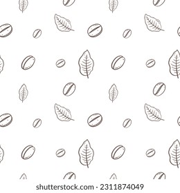 Seamless pattern of hand drawn leaf and coffee bean