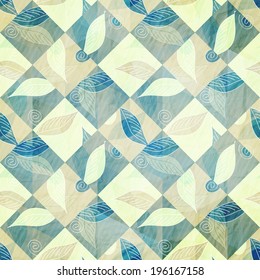 seamless pattern with hand drawn leafs on checkered background
