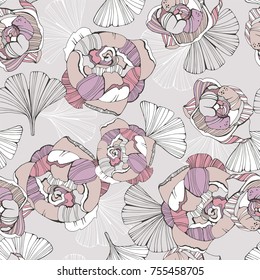 Seamless pattern with hand drawn leafs ginkgo biloba and peony