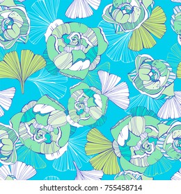 Seamless pattern with hand drawn leafs ginkgo biloba and peony