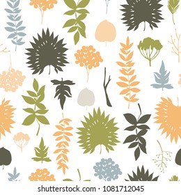 Seamless pattern with hand drawn leaves. Forest background.