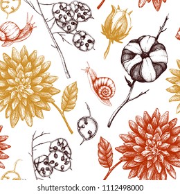 Seamless pattern with hand drawn leaves, flowers, snails and seeds sketches. Vector autumn background. Vintage illustration of garden dahlia.