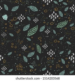 Seamless Pattern with hand drawn leaves and doodles. Scandinavian Style. Vector Illustration