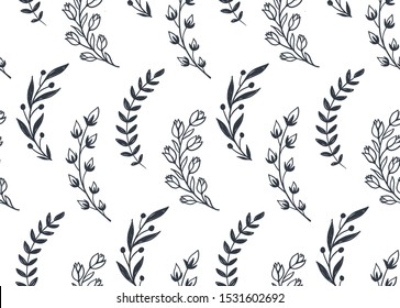 Seamless pattern with hand drawn leaves and branches. Vector endless natural background. The elegant illustration for fashion prints, fabric, scrapbook.