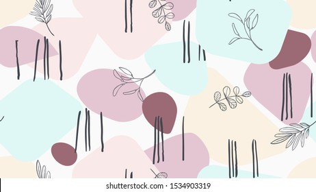 Seamless pattern, hand drawn leaves and abstract shapes, pink and blue tones