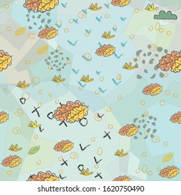 Seamless Pattern With Hand Drawn Leaves and Doodles. Scandinavian Style. Vector Illustration. 
