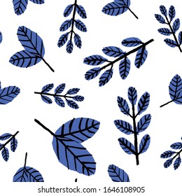 Patrón sin soldadura con hojas dibujadas a mano. Fondo azul y blanco clásico. Estilo Doodle. El adorno rústico floral. Esbozo de esquema gráfico simple. Para postales, rayado, papel textil y papel de envoltura