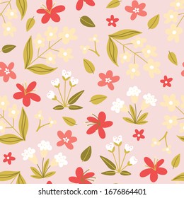 Seamless pattern with hand drawn leaves and small abstract wild flowers on a pink background. Print for bed linens, fabric, textiles, wallpaper, wrapping paper