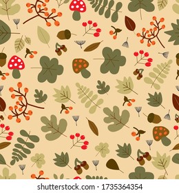 Seamless pattern with hand drawn leaves, berries and mushrooms in trendy colors for textile. Modern abstract design for paper, cover, fabric, interior decor