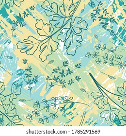 Seamless pattern with hand drawn leaves pattern. Abstract natural elements. Plant textile print. Sketch banner, template, greeting card. Vector grunge modern textured brush stroke, doodle.