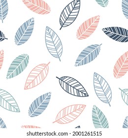 Seamless pattern with hand drawn leaves. Floral background. Cute elegant ornament for fabric, wrapping and textiles. Vector illustration