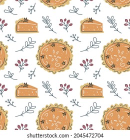 Seamless pattern and hand drawn leaves  acorns  berries   pumpkin pie  Flat pastel texture for thanksgiving  harvest   halloween  Vector Illustration in scandinavian style  Cozy autumn 