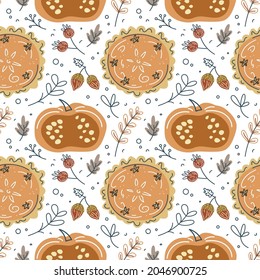 Patrón sin foco con hojas dibujadas a mano, bellotas, bayas y tarta de calabaza. Textura plana pastel para el día de acción de gracias, cosecha y halloween. Calabaza vectorial Ilustración al estilo escandinavo. Acogedor otoño.