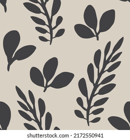 Seamless pattern with hand drawn leaves. Vector illustration. Grey on beige background.