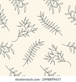 Hojas dibujadas a mano del modelo inconsútil en el fondo blanco. Selva botánica ilustrada para el Anuncio, impresiones, decoración, tela
