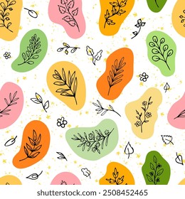 Seamless pattern, hand drawn leaves, herbs in fluid shapes of autumnal colors. Swatch included