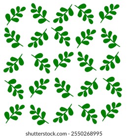 Seamless pattern of hand drawn leaves in green color on white background.